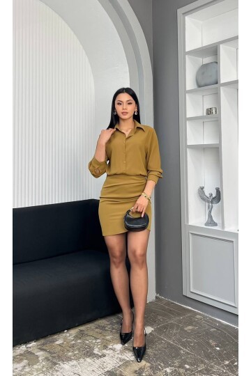 3869-HARDAL GÖMLEK YAKA DÜĞMELİ ETEĞİ DRAPELİ ELBİSE