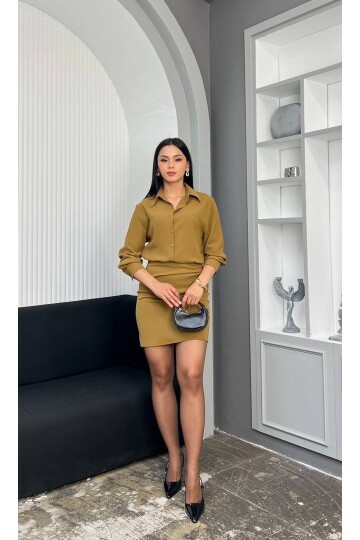 3869-HARDAL GÖMLEK YAKA DÜĞMELİ ETEĞİ DRAPELİ ELBİSE