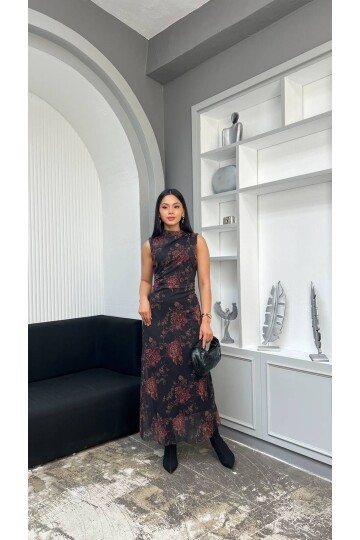 3871-.ÇİÇEK DESEN SIFIR KOL YANLARI DRAPELİ ELBİSE