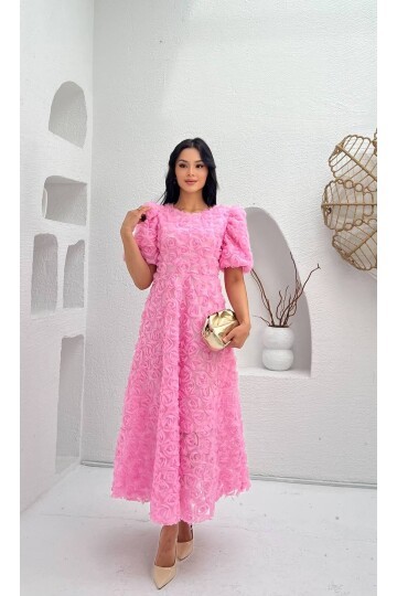 3876-PEMBE PRENSES OMUZ GÜL KUMAŞ ELBİSE