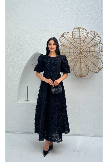3876-SİYAH PRENSES OMUZ GÜL KUMAŞ ELBİSE