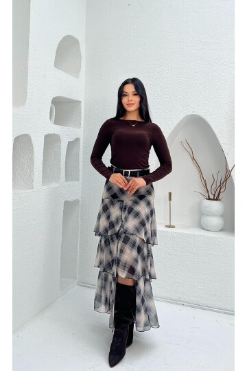3877-SİYAH KAT KAT EKOSE DESEN FIRFIRLI ŞİFON ETEK