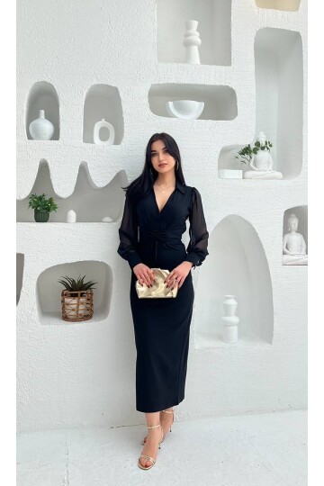 3885-SİYAH ÖNDEN KUŞ GÖZÜ BAĞLAMALI ÜSTÜ ŞİFON ALTI KREP KALEM ELBİSE