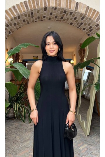 3888-SİYAH SIFIR KOL UZUN BEZİK ELBİSE