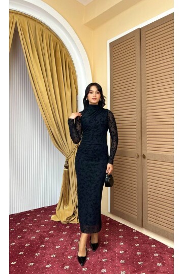 3901-SİYAH FLOK BASKI DRAPELİ ELBİSE