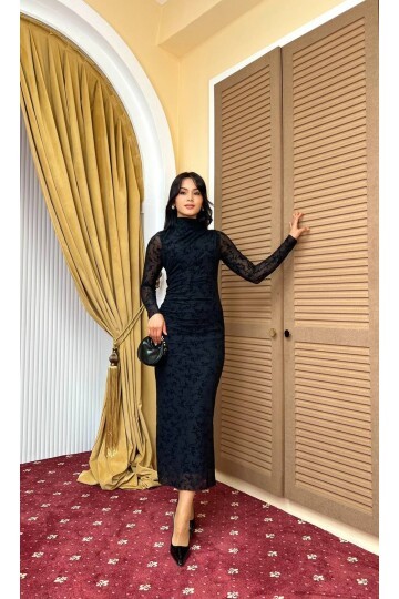 3901-SİYAH FLOK BASKI DRAPELİ ELBİSE