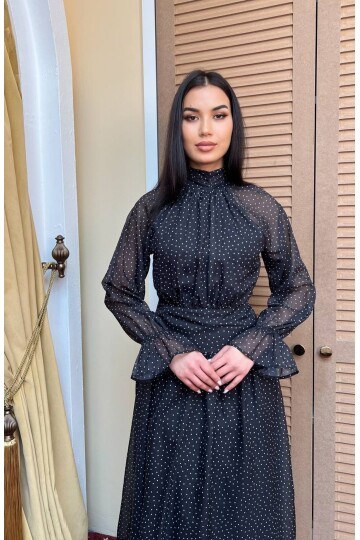 3903-SİYAH PUANTİYE DESEN BALIKÇI YAKA ŞİFON ELBİSE