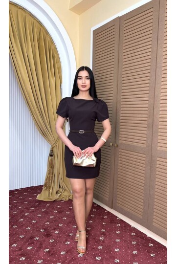 3904-KAHVERENGİ DOUBLE KUMAŞ PRENSES KOL ELBİSE