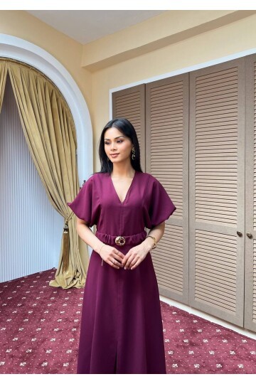3909-BORDO DOUBLE KUMAŞ KENDİNDEN BROŞ KEMERLİ ELBİSE