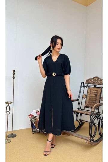 3909-SİYAH DOUBLE KUMAŞ KENDİNDEN BROŞ KEMERLİ ELBİSE