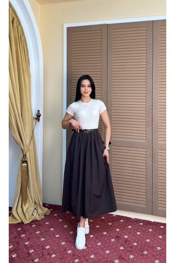 3923-KAHVEYE BEJ ÜST KAŞKORSE ALT POPLİN KISA KOL ELBİSE