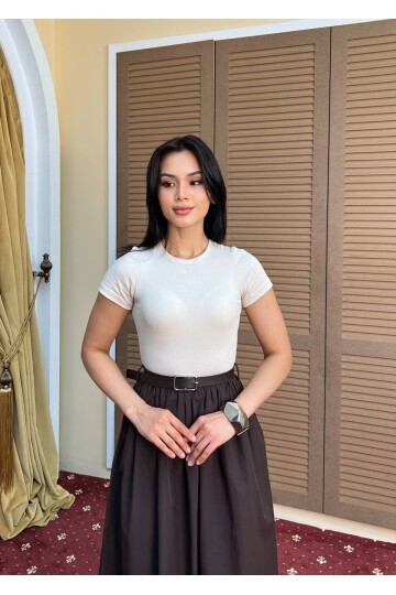 3923-KAHVEYE BEJ ÜST KAŞKORSE ALT POPLİN KISA KOL ELBİSE