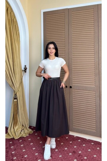 3923-KAHVEYE BEJ ÜST KAŞKORSE ALT POPLİN KISA KOL ELBİSE