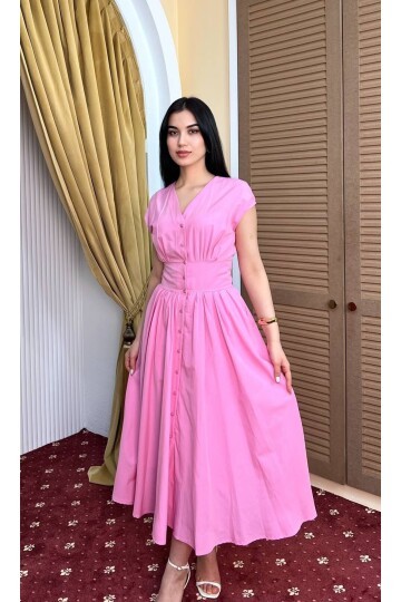 3924-PEMBE POPLİN KUMAŞ KOMPLE DÜĞMELİ ELBİSE