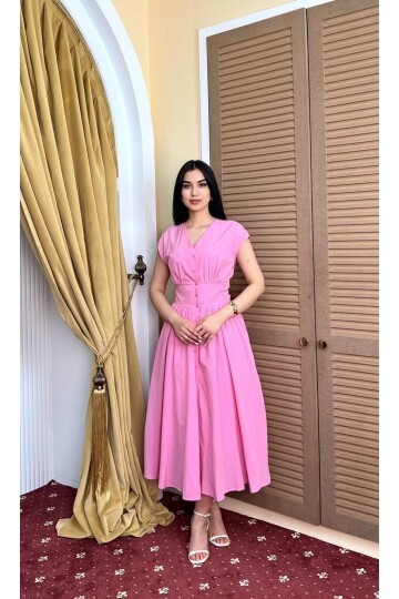 3924-PEMBE POPLİN KUMAŞ KOMPLE DÜĞMELİ ELBİSE