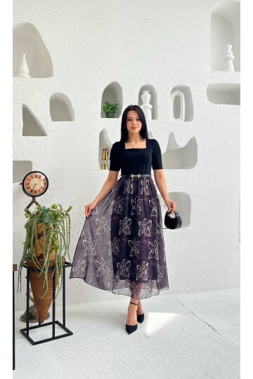 3931-SİYAH  ÜST KREP ALT ŞİFON ŞAL DESEN KISA KOL ELBİSE