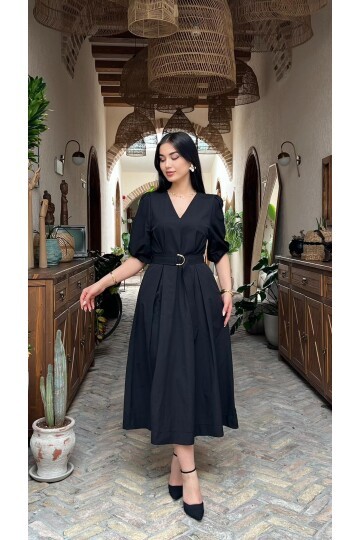 3951-SİYAH KRUVAZE YAKA ELBİSE