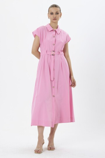 3976-Pembe Kemer Detaylı Cepli Elbise