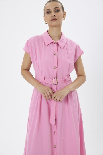 3976-Pembe Kemer Detaylı Cepli Elbise