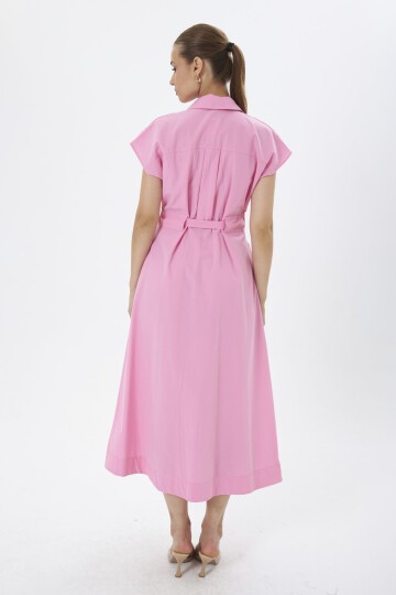 3976-Pembe Kemer Detaylı Cepli Elbise