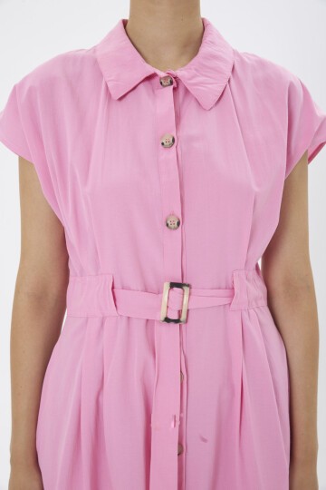 3976-Pembe Kemer Detaylı Cepli Elbise