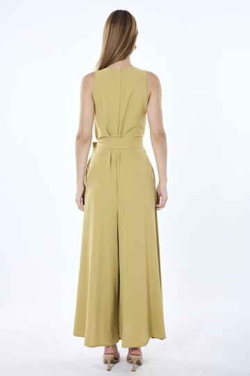 4017-Oliv Kuşaklı Sıfır Kol Maxi Elbise