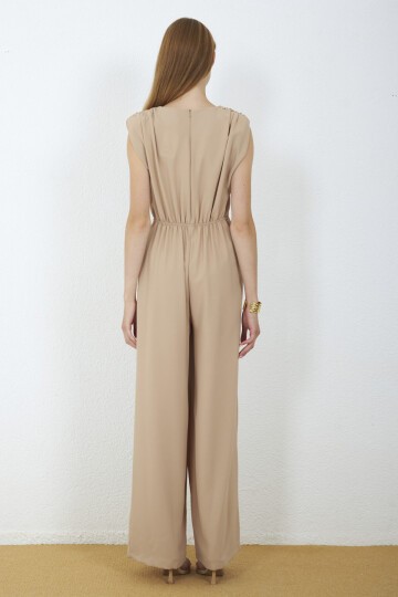 4043-Bej Milano Gold Tokalı Drapeli Tulum