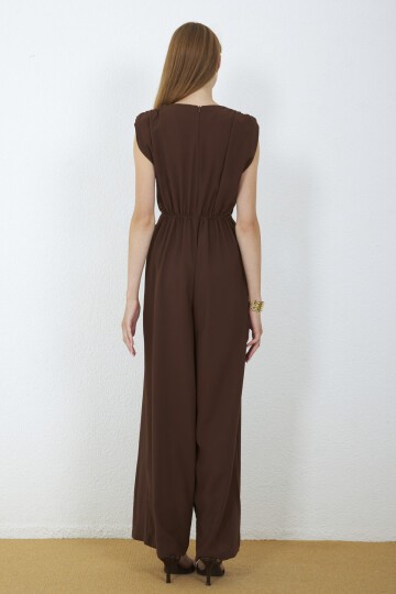 4043-Kahve Milano Gold Tokalı Drapeli Tulum