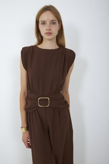 4043-Kahve Milano Gold Tokalı Drapeli Tulum