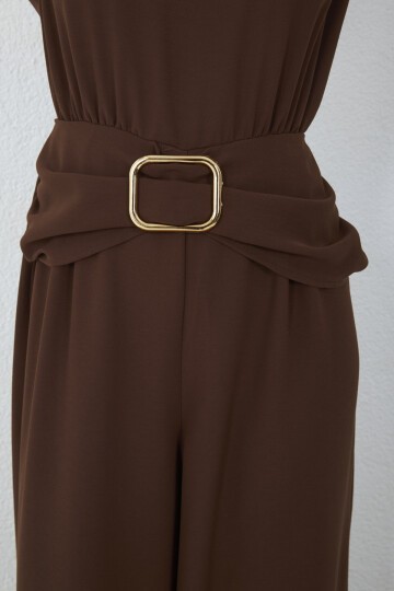 4043-Kahve Milano Gold Tokalı Drapeli Tulum