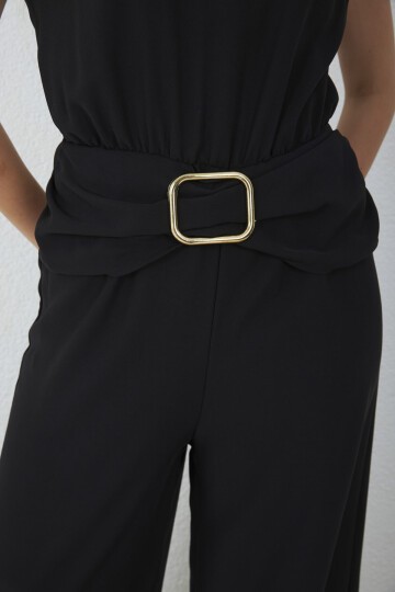 4043-Siyah Milano Gold Tokalı Drapeli Tulum