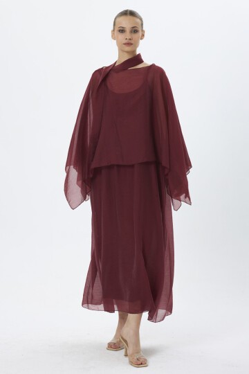 4086-Bordo Şifon Kaftan Detaylı Astar İçli Takım