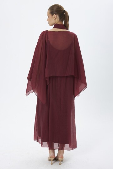 4086-Bordo Şifon Kaftan Detaylı Astar İçli Takım