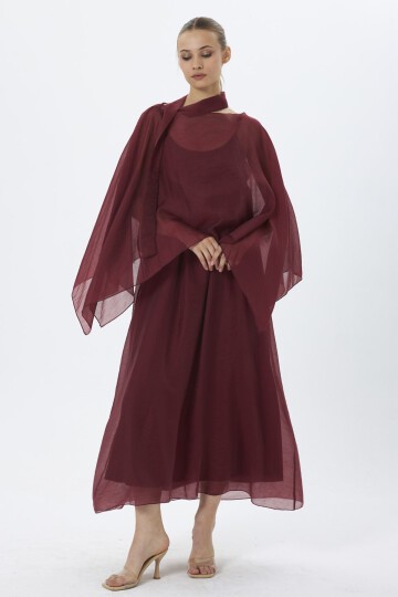 4086-Bordo Şifon Kaftan Detaylı Astar İçli Takım