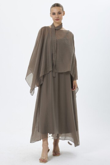 4086-Gri Şifon Kaftan Detaylı Astar İçli Takım