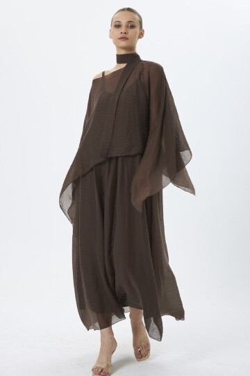 4086-Kahve Şifon Kaftan Detaylı Astar İçli Takım