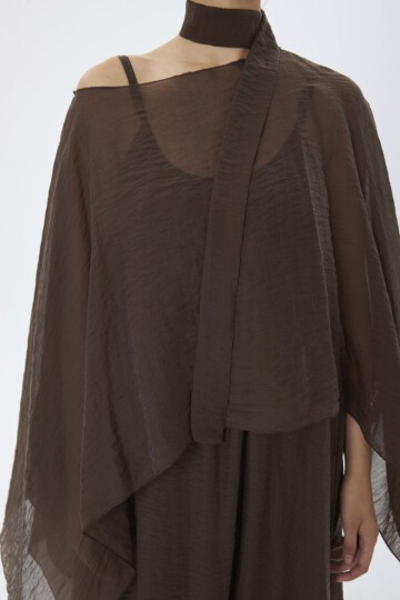 4086-Kahve Şifon Kaftan Detaylı Astar İçli Takım