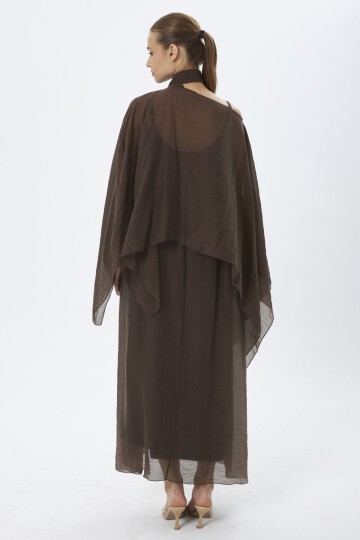 4086-Kahve Şifon Kaftan Detaylı Astar İçli Takım