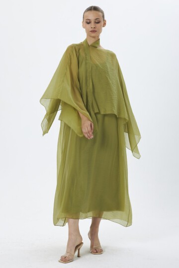 4086-Oliv Şifon Kaftan Detaylı Astar İçli Takım