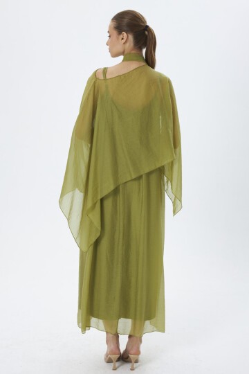 4086-Oliv Şifon Kaftan Detaylı Astar İçli Takım