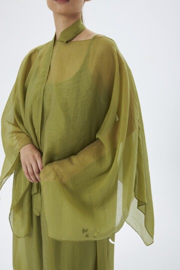4086-Oliv Şifon Kaftan Detaylı Astar İçli Takım